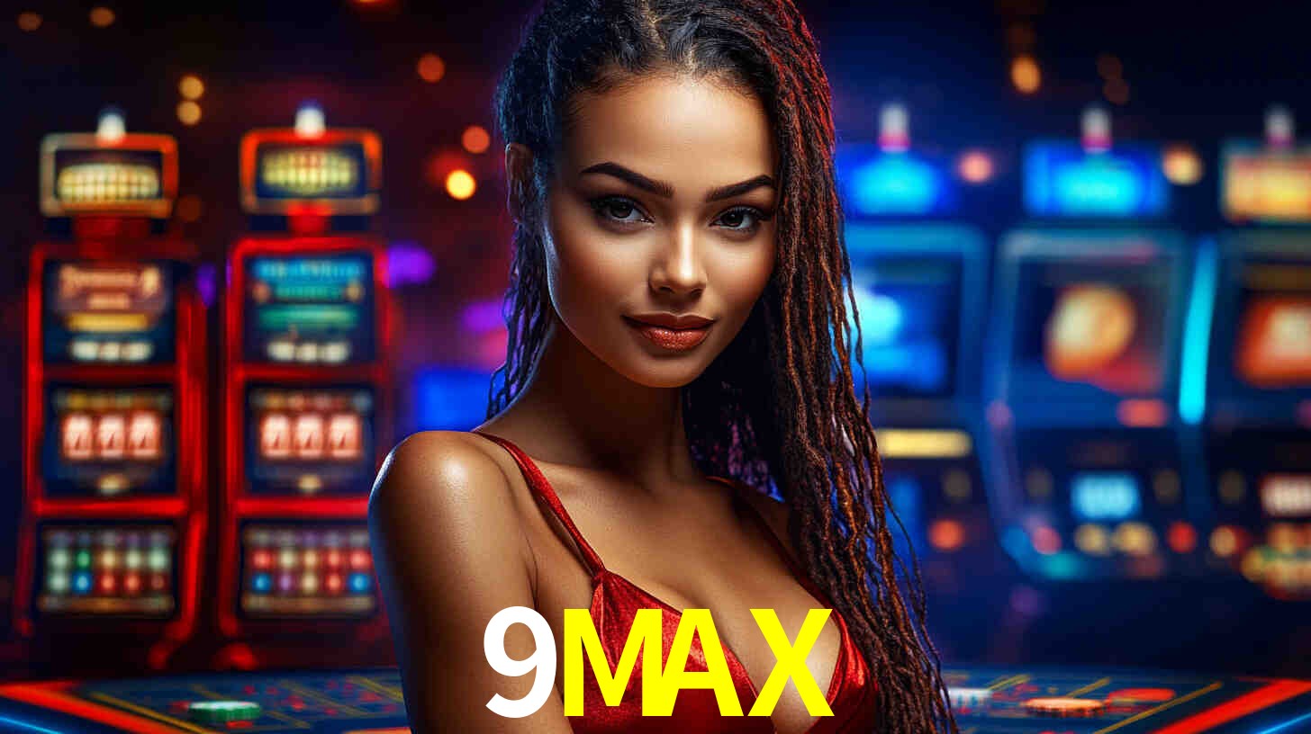 Escena dinámica inspirada en casino con iluminación 9MAX, cartas, fichas e íconos de juegos digitales en un espacio moderno de juegos.