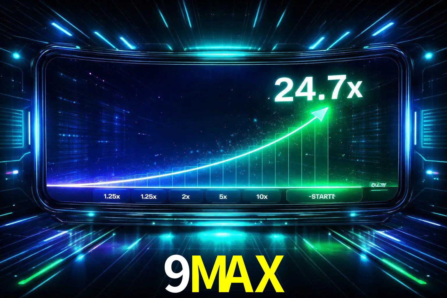 Una pantalla moderna de juego estilo crash con multiplicadores ascendentes, visuales de neón y una interfaz intensa enfocada en la acción.