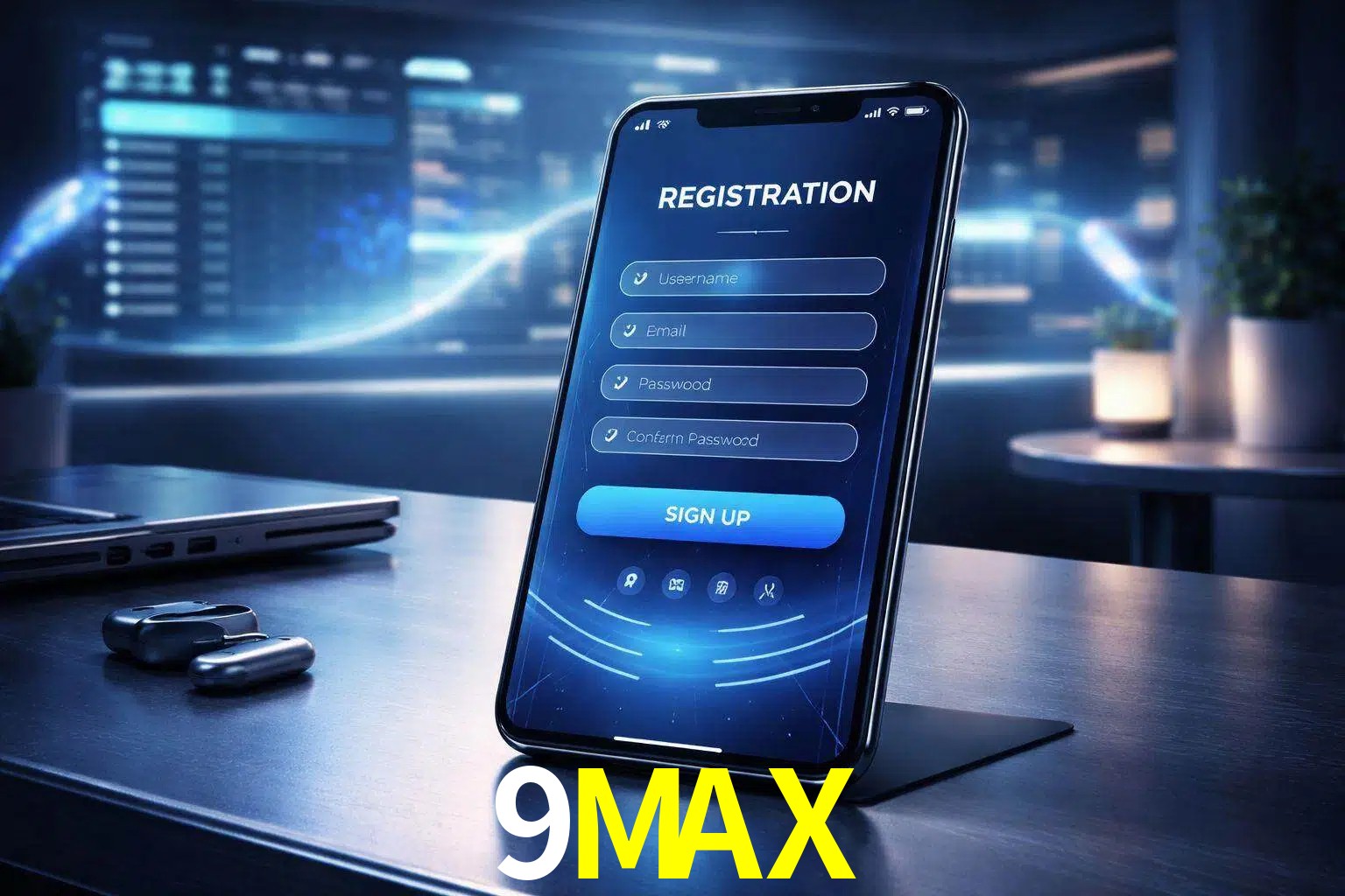 Una interfaz moderna de registro móvil para 9MAX mostrada en un smartphone con un panel de apuestas elegante.